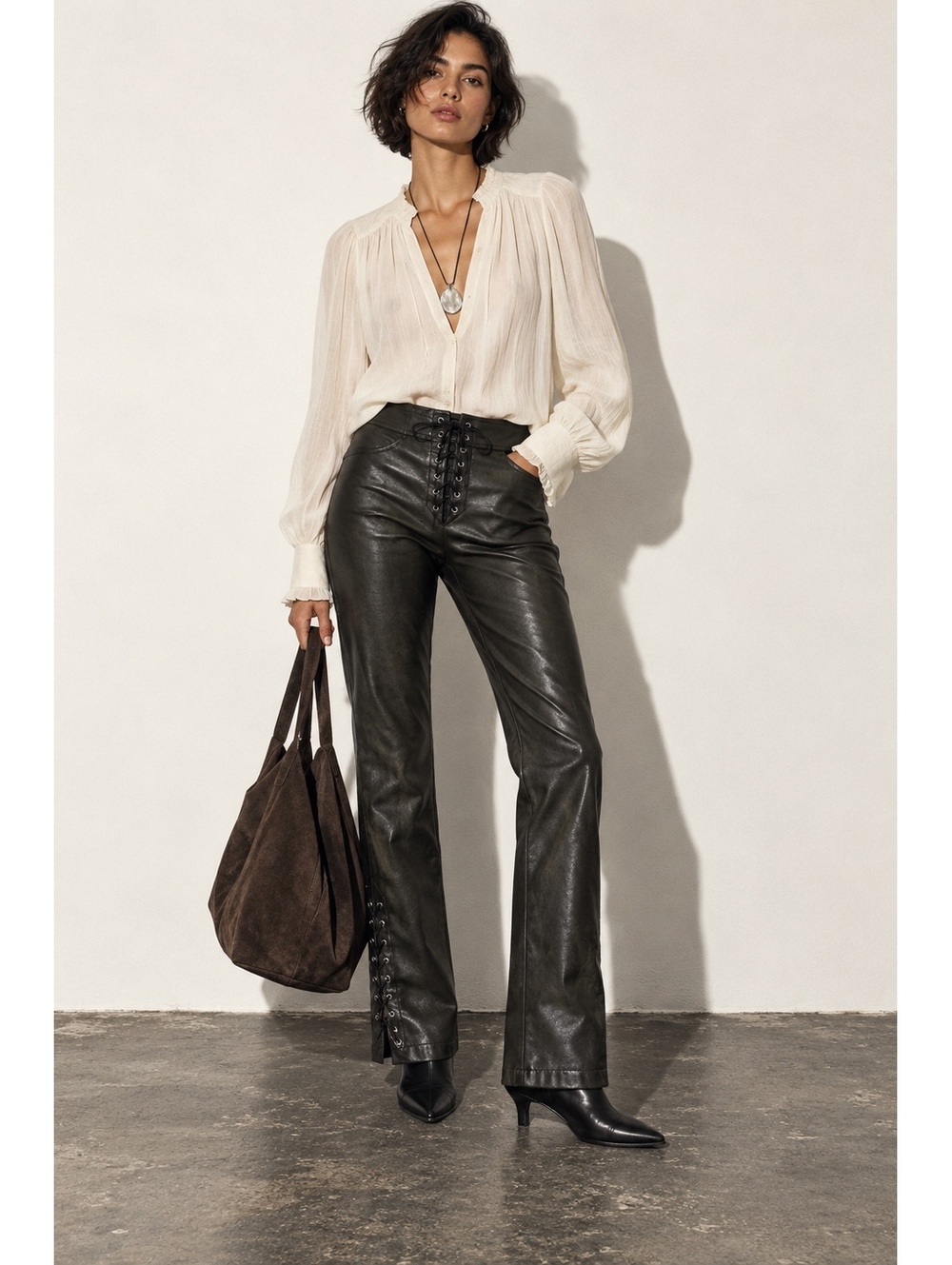 Zara Dark Olive Leather Look Lace Up Pants Medium